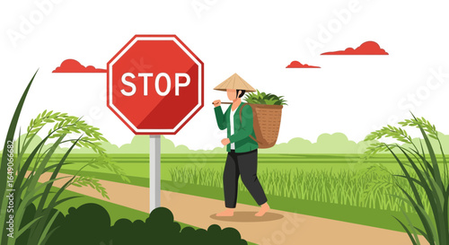 Rural Roadblock Farmer Encounter With A Stop Sign Amidst Green Rice Fields