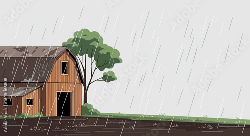 Rustic Barn In The Rain With Farm And Countryside Tranquility Scene
