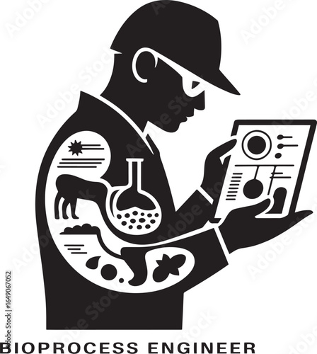 Person wearing cap and glasses examining tablet with biological process icons vector