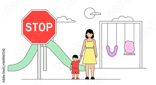 Safe Playtime At The Playground With A Mother And Son In Summer Day