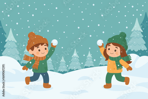 Children playing snowball fight in winter forest. Kids having fun outdoors in snowy weather. Winter holiday game scene
