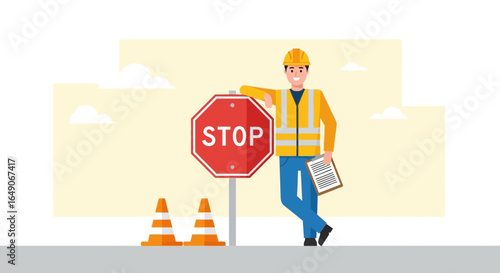 Safety Inspector Leans Against Stop Sign In Cartoon Setting For Construction Awareness