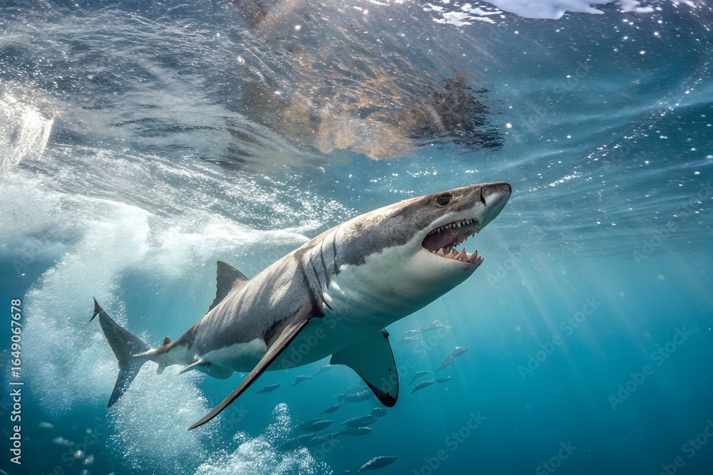 Fototapeta premium Great White Shark Swimming in Turquoise Ocean Waters with Open Mouth Showing Teeth