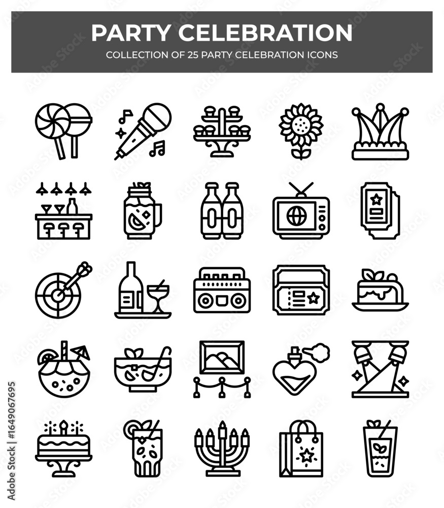 Fototapeta premium Party Celebration Icons. 25 Unique Line Art Graphics for Festive Events