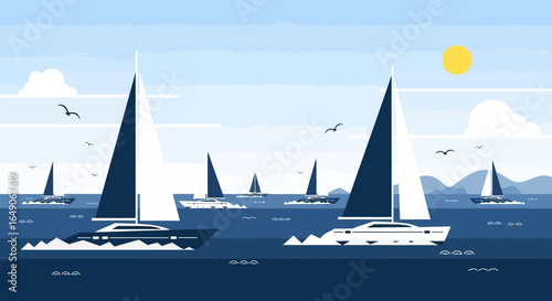 Sailing Regatta With White Yachts On The Blue Sea Under Sunny Skies