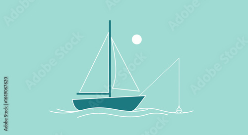Sailing Into Serenity: Minimalist Illustration of a Boat Fishing at Sunset
