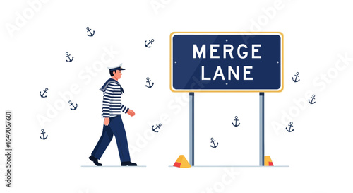 Sailor Following Merge Lane Direction In a Conceptual Sea With Anchors