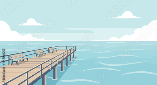 Scenic Calm Ocean View With Wooden Pier And Benches Minimalist Art Style