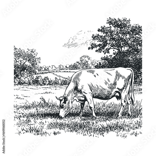 Cow grazing in a lush green field under a sunny sky