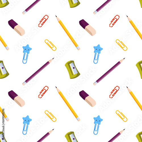 School supplies seamless pattern. Study and education tools - pen, pencils, sharpener, paper clips, eraser vector illustration on white background. Wallpaper for stationery sale, craft supplies.