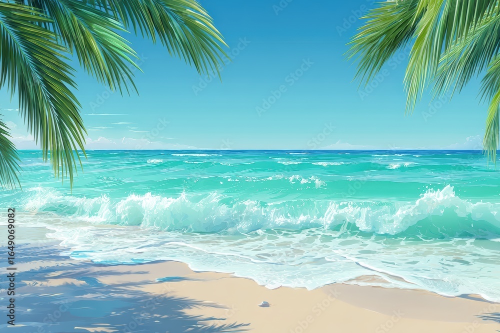 Fototapeta premium Tropical beach with turquoise waves, white sand, and palm trees under a clear blue sky