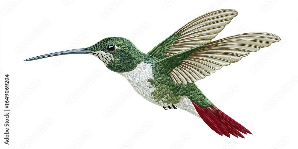 Fototapeta premium Green hummingbird with red feather tips in 3D embroidery effect on white background Stock photo