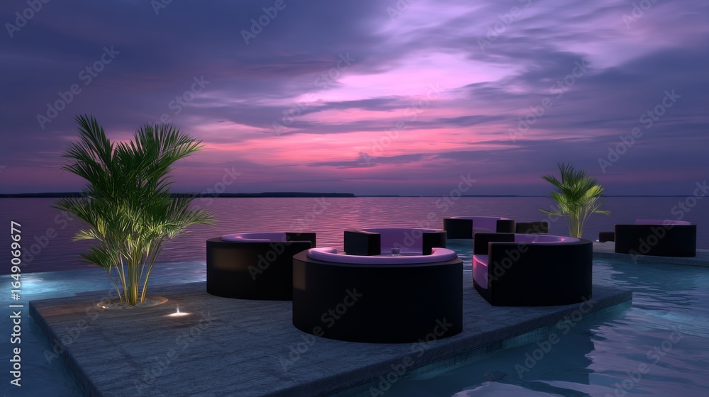 Fototapeta premium Evening lounge experience by the water scenic waterfront relaxation serene setting panoramic view tranquility at dusk