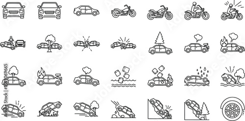 Caraccidentinsuranceclaimvectoriconsvehiclecrashcollisionoutlineset