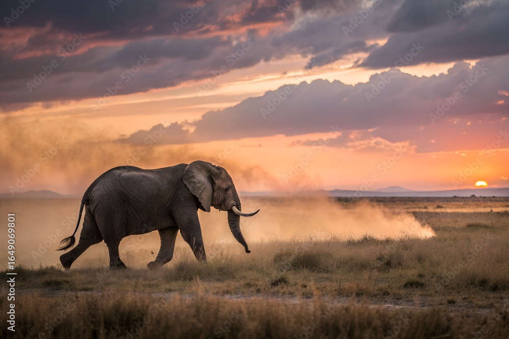 Fototapeta premium African Elephant Walking Through Dust at Sunset in the African Savanna