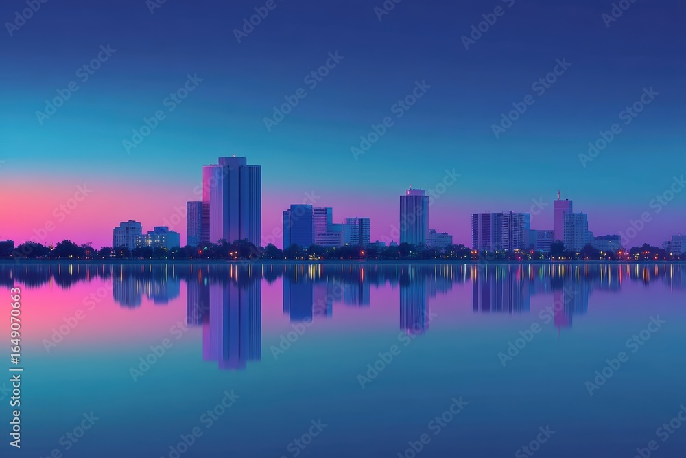 Fototapeta premium City skyline at dusk with colorful buildings reflected in calm water under a vibrant, gradient sky