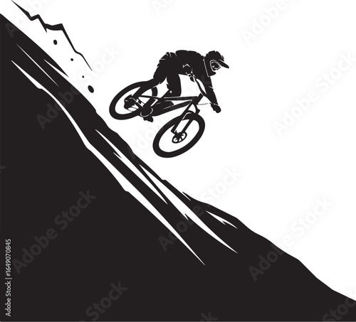 Dynamic downhill mountain biker speeds down steep slope