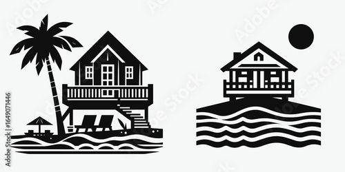 Beach House. Retro Vintage Line Art Clipart Silhouette Vector Illustration. Oceanfront cottage rental find coastal abode for vocation and summer getaway.