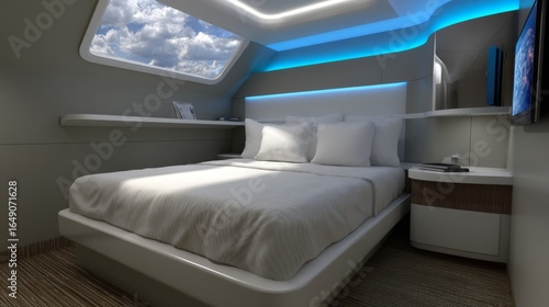 Fototapeta Naklejka Na Ścianę i Meble -  Modern sleeping pod design space station 3d render futuristic environment aerial view innovative concept for space travel
