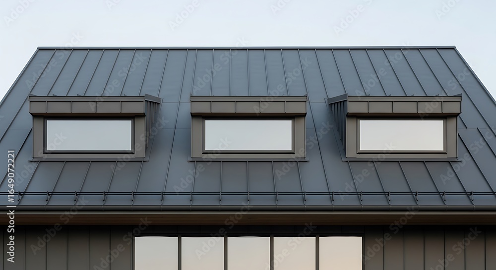 Fototapeta premium Geometric roof detail showcases a modern home exterior with symmetrical window design