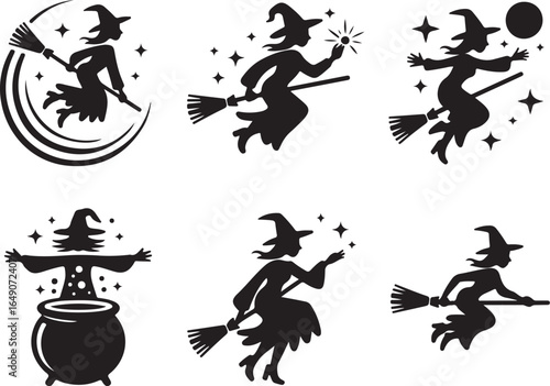 Whimsical witches fly on brooms creating magic and spells