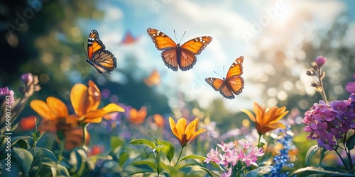 Lush spring garden with five flying butterflies in hyperreal color Stock photo