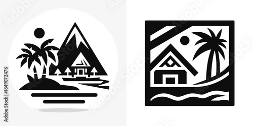 Resort. Retro Vintage Line Art Clipart Silhouette Vector Illustration. Vacation getaway relaxing stay lodging option recreation area holiday location.