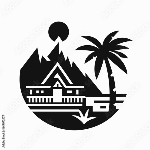 Resort. Retro Vintage Line Art Clipart Silhouette Vector Illustration. Vacation getaway a tranquil lodging area for rest relaxation and recreation.