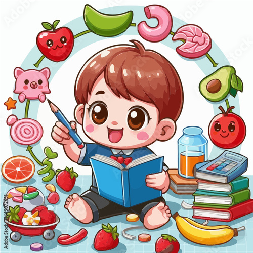 Learning Joy: A cute cartoon boy sits amidst a vibrant array of educational elements, pencil in hand, absorbed in a blue book, symbolizing the pure joy and innocence of early education.