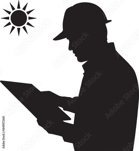 Silhouette of a construction worker with a tablet under the sun hardhat