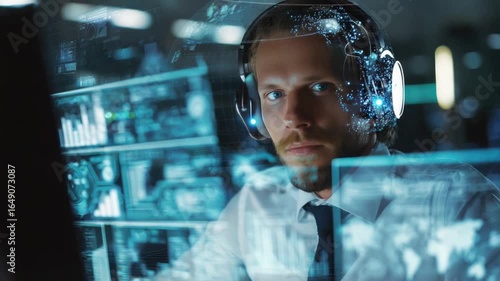 Man Using Virtual Reality Headset at Workstation