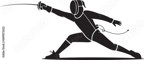 Dynamic fencer lunges with sword in intense competition pose