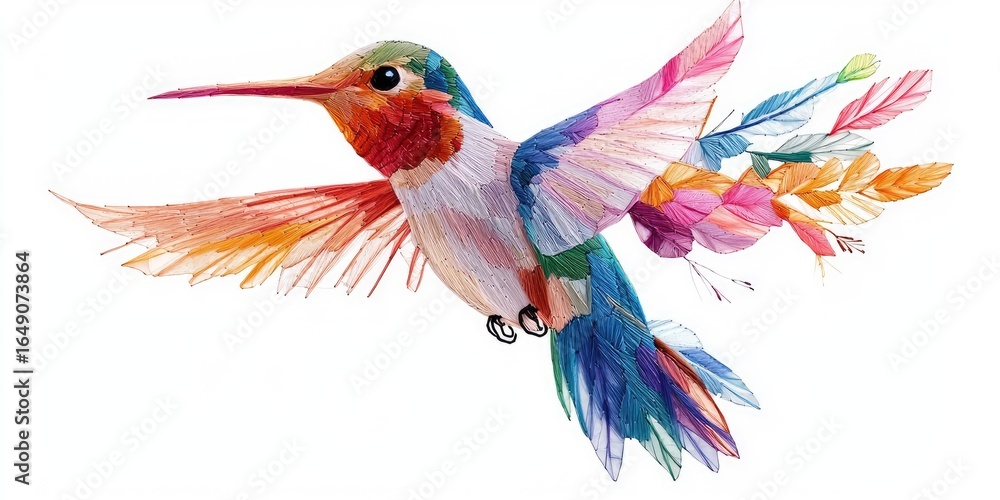 Obraz premium Minimalist thread design of hovering hummingbird, colorful feathers stitched with depth Stock photo