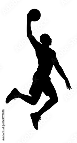 Basketball player dunking silhouette in mid-air action, vector SVG illustration