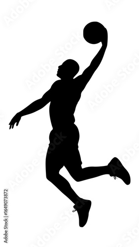 Basketball player dunking silhouette in mid-air action, vector SVG illustration