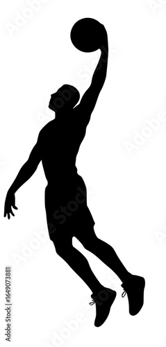 Basketball player dunking silhouette in mid-air action, vector SVG illustration