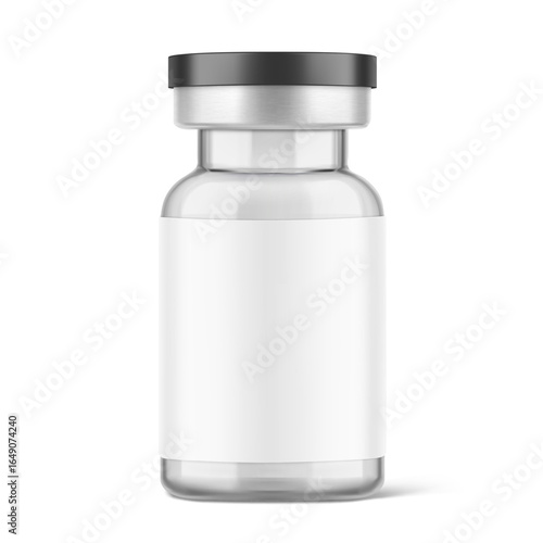 Transparent glass vial for injections mockup. Vector illustration isolated on white background. Can be use for medicine, cosmetic and other. Ready for your design. EPS10.