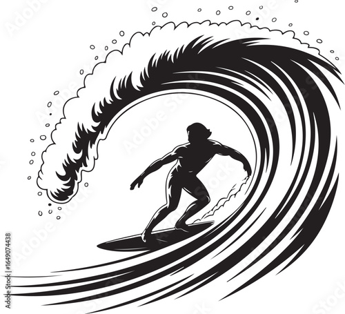 Surfer rides massive wave capturing thrilling ocean sport action
