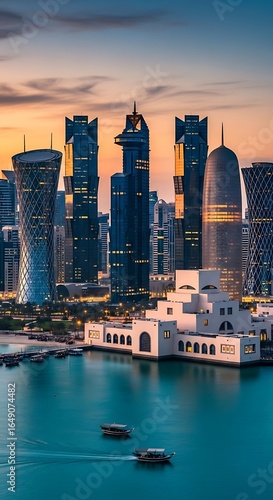 Doha Skyline at Dusk with Traditional Boats and Museum