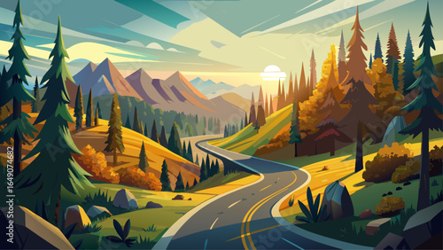 A winding road weaves gracefully through a stunning evergreen forest in the hills, where large moss, delicate plants, and towering pine and spruce trees glow under soft golden autumn light.