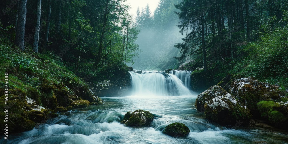 Fototapeta premium Moody forest waterfall with dark green foliage and powerful whitewater stream Stock photo