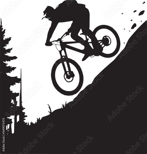 Thrilling downhill mountain biker action silhouette descent