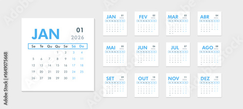 Blue portuguese calendar for 2026. Large month of January on left, thumbnails of all months with abbreviated name on right, Monday week start