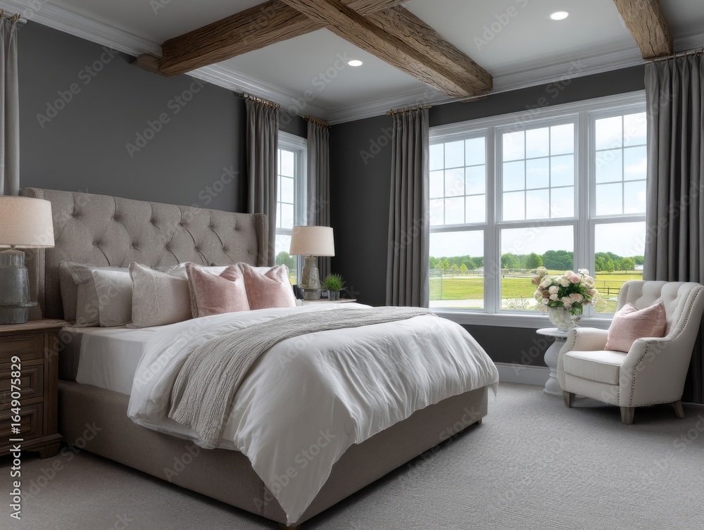 Fototapeta premium Elegant modern bedroom design cozy home interior photography bright natural light contemporary style