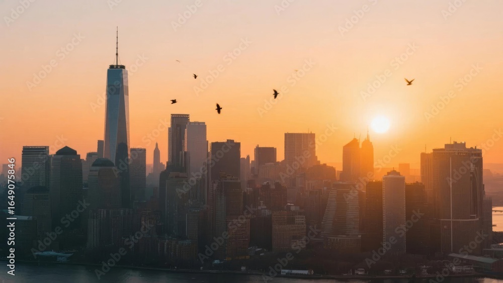 Fototapeta premium Sunset Over a Modern Cityscape with Birds in Flight