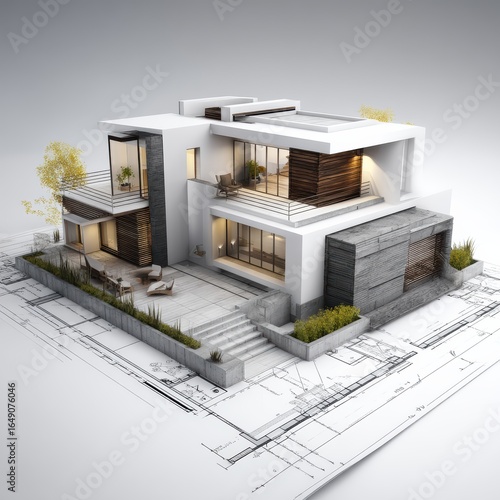 A modern architectural house model sits atop detailed blueprints, featuring sleek lines, large windows, and minimalist landscaping