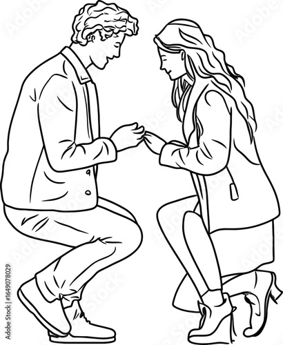 A man proposing to a woman is depicted in a continuous single-line drawing that symbolizes love and marriage