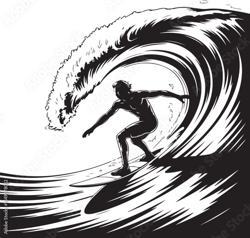 Surfer rides powerful wave with dynamic motion and energy