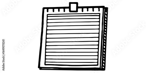 Illustration of a notepad with horizontal lines and a clip at the top in black and white style