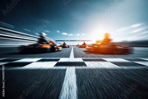 Go-karts race across the finish line on an outdoor track at high speed, with motion blur and sunlight in the background